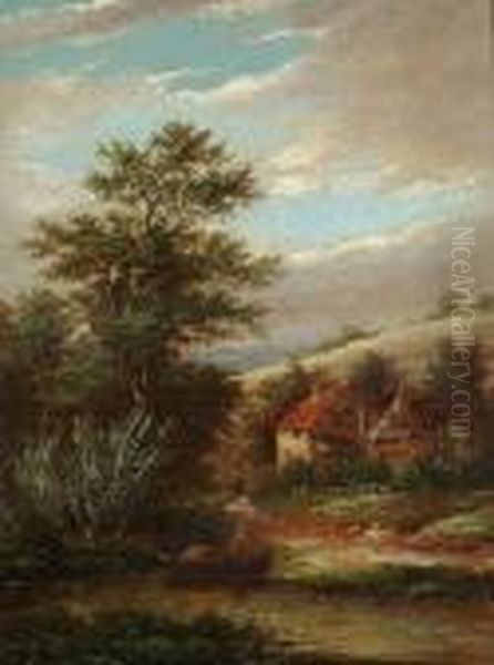 River Landscape With Figures Before A Cottage Oil Painting by W. Yates