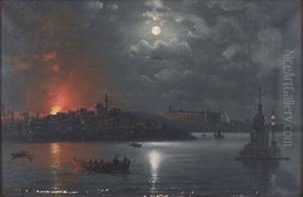 Fire At Istanbul Oil Painting by Garabet Yazmaciyan