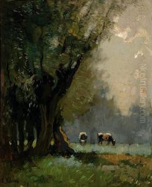 Cows Grazing Near A Forest Oil Painting by Egnatius Ydema