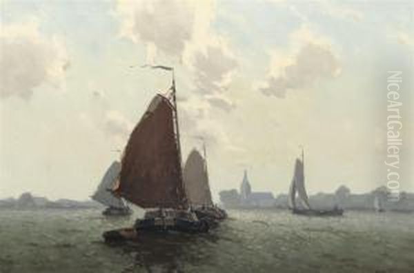 Sailing Boats On The River The Zwarte Water, Hasselt Oil Painting by Egnatius Ydema