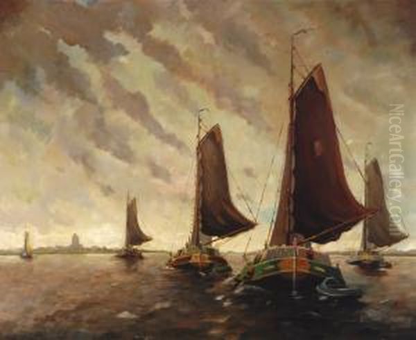 Tjalk Boats On The Sneeklake Oil Painting by Egnatius Ydema