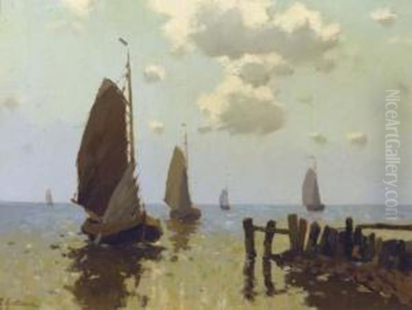 Haven Hindeloopen: Sailing Vessels Near The Harbour Entrance Of Hindeloopen Oil Painting by Egnatius Ydema