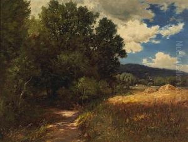 A Wooded Path With Passing Clouds Oil Painting by Raymond Dabb Yelland