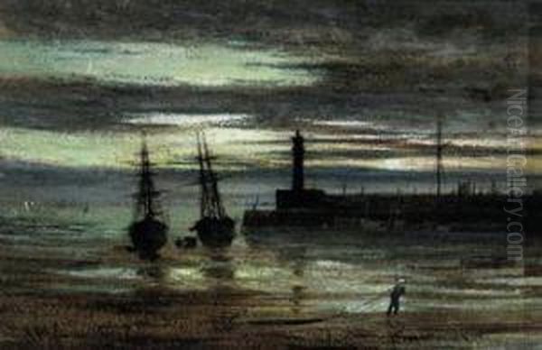 Ships Drying In The Docks On A Moonlit Night Oil Painting by Vincent Philip Yglesias