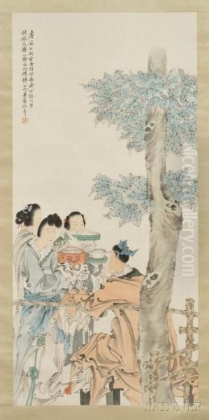 Depicting Three Women Giving Food To A Man Oil Painting by Ren Yi