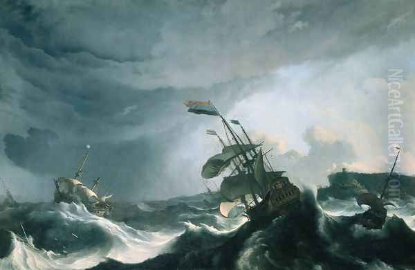 Ships in Distress in a Heavy Storm Oil Painting by Ludolf Backhuysen