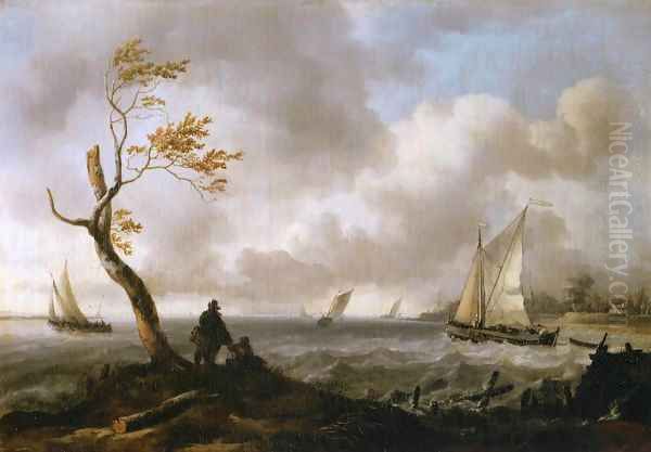 Fishing Boats and Coasting Vessel in Rough Weather Oil Painting by Ludolf Backhuysen