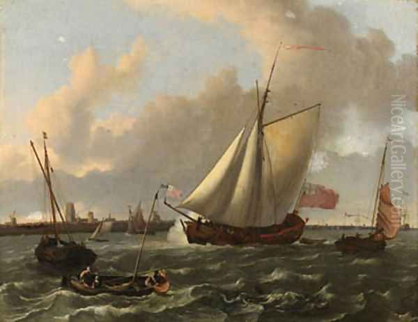 A British sloop and other shipping in a stiff breeze on the Maas by Dordrecht Oil Painting by Ludolf Backhuysen