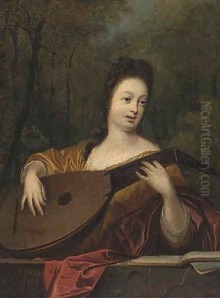 Portait of a lady, half-length, playing the lute Oil Painting by Ludolf Backhuysen