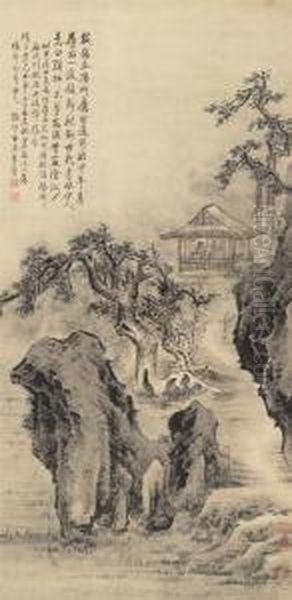 Landscape With Pavilion On Peak Oil Painting by Li Yin