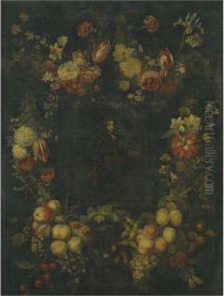 Portrait Of A Gentleman In Armour Surrounded By Festoons Of Fruitand Flowers Oil Painting by Catherina Ykens