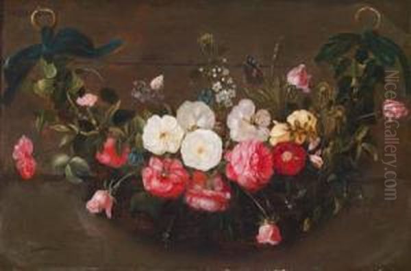 Ein Anblauen Samtschleifen Aufgehangtes Blumenfeston Mit Schmetterlingen Oil Painting by Frans Ykens