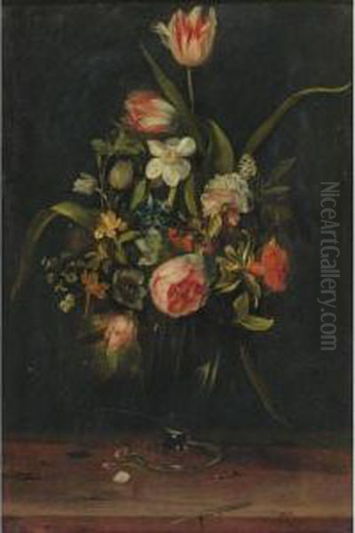 Still Life Of Roses, Tulips, Narcissus And Other Flowers In Aglass Vase Oil Painting by Frans Ykens