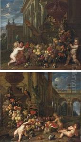 An Architectural Capriccio With Putti Around A Swag Of Fruit Oil Painting by Peter Ykens