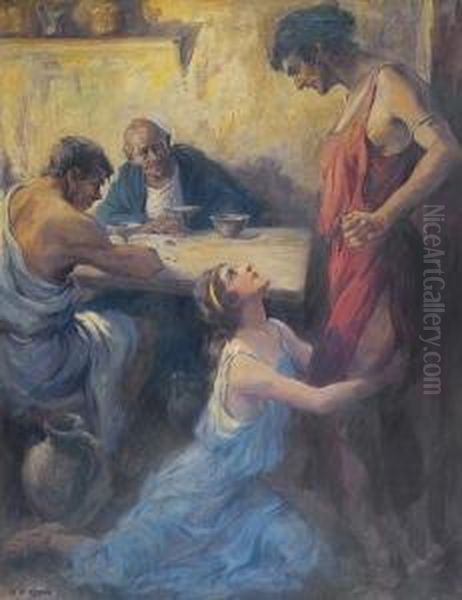 Pompeian Woman Pleading With Man, Two Other Men Looking On. Oil Painting by Frederick Coffay Yohn