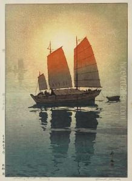 Sailing Boats-morning With Sun Rays Turning The Tops Of The Sails Orange Oil Painting by Hiroshi Yoshida