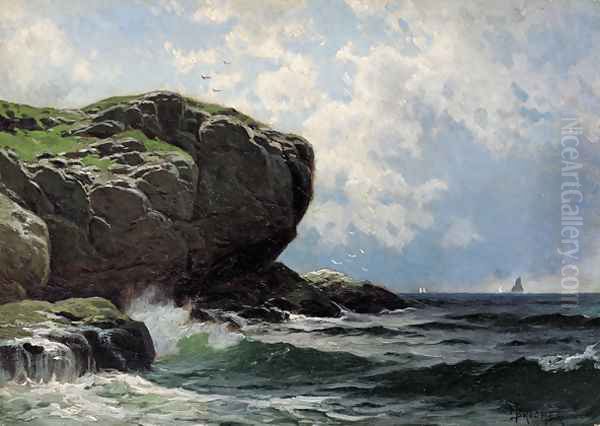 Rocky Head with Sailboats in Distance Oil Painting by Alfred Thompson Bricher