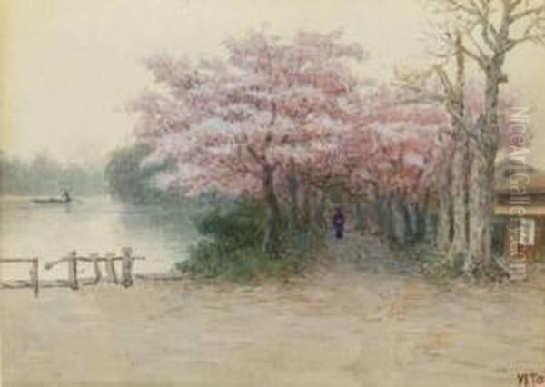 River Landscape With Cherry Blossom Oil Painting by Ito Yoshihiko