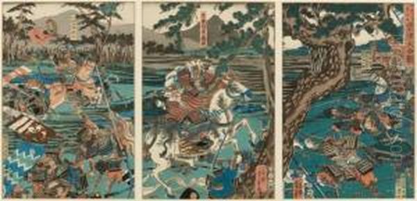 Kampfszene Mit Berittenen Samurai Oil Painting by Utagawa or Ando Hiroshige