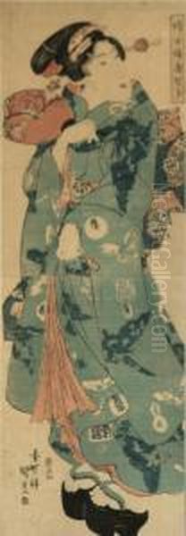 Woman Holding A Hand Fan And Woman Holding Ascroll: Oil Painting by Utagawa or Ando Hiroshige