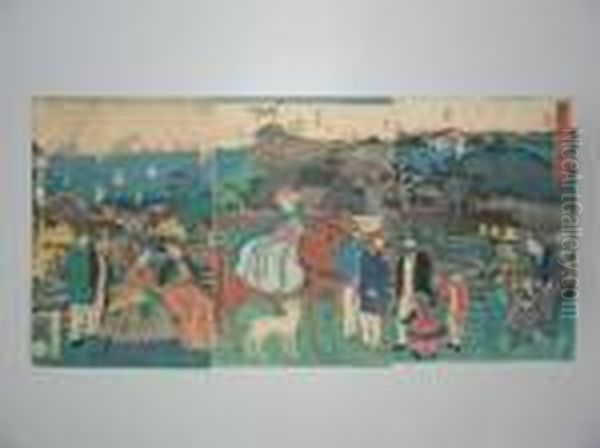 Europeenen Promenade A Yokohama Oil Painting by Utagawa or Ando Hiroshige