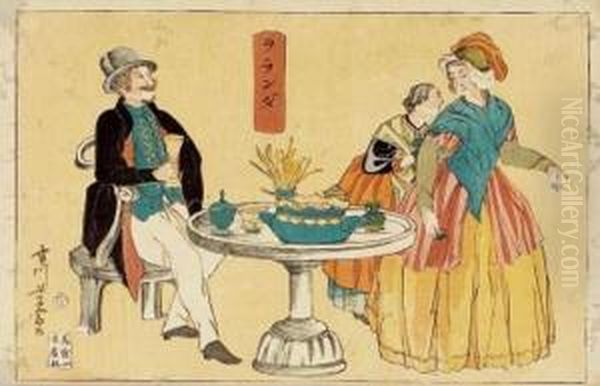 Yokohama-e Representant Une Famille Hollandaise Autour D'une Table. Oil Painting by Utagawa Yoshimune