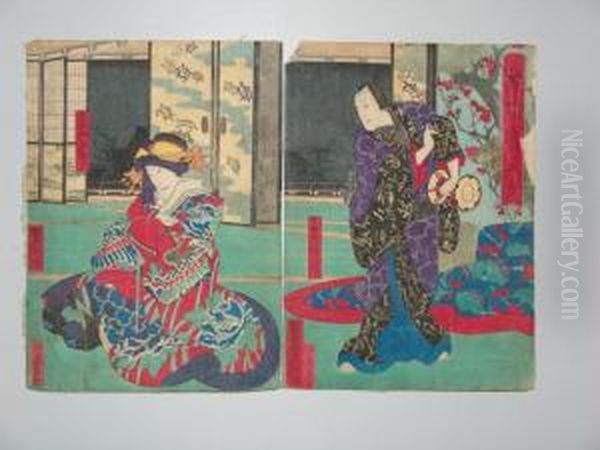 Scenes Du Theatre Kabuki A Osaka Oil Painting by Nakai Utagawa Yoshitaki