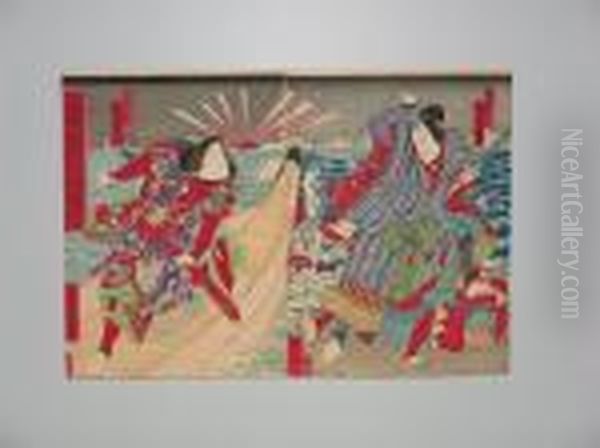 Deuxbrigands Sont Maitrises Par Deux Samourais Oil Painting by Nakai Utagawa Yoshitaki