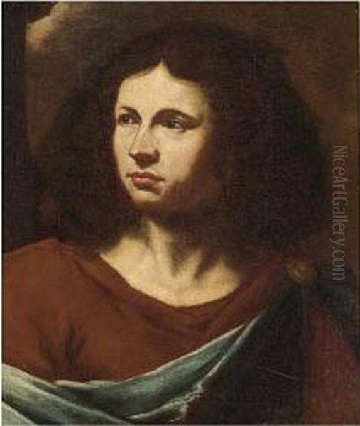 Man, Head And Shoulders, Wearing A Red Shirt With A Blue Cloak Oil Painting by Arthur, Art Young