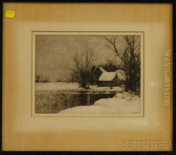 House With Pond In Winter Snow Oil Painting by Charles Jac Young