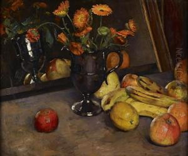 A Still Life Of Fruit And Marigolds Oil Painting by Edward Drummond Young