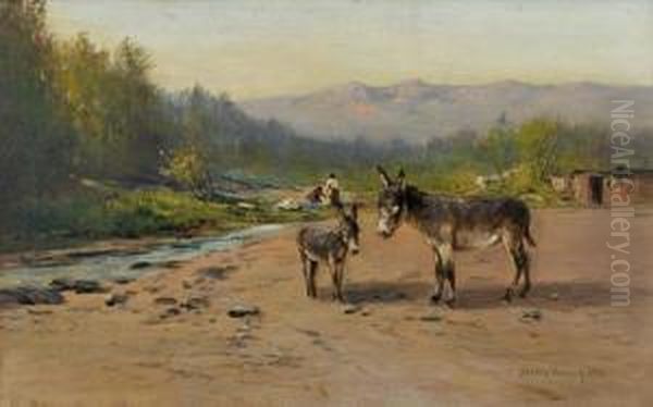 Two Burros On The Cripple Creek Road Oil Painting by Harvey Otis Young