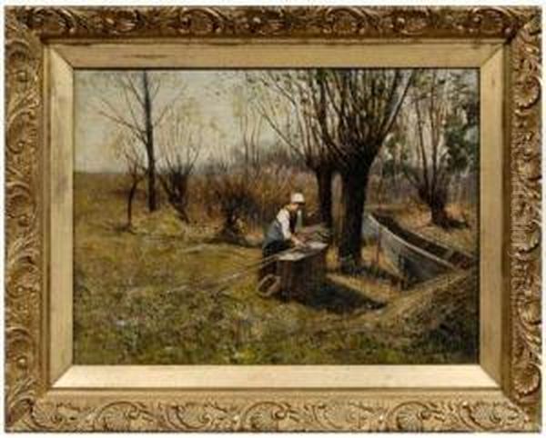 Woman Gathering Reeds In A Field Near A
Boat Oil Painting by Harvey Otis Young