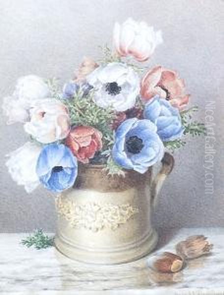 Anemonies In A Mug Oil Painting by Annie Mary Youngman