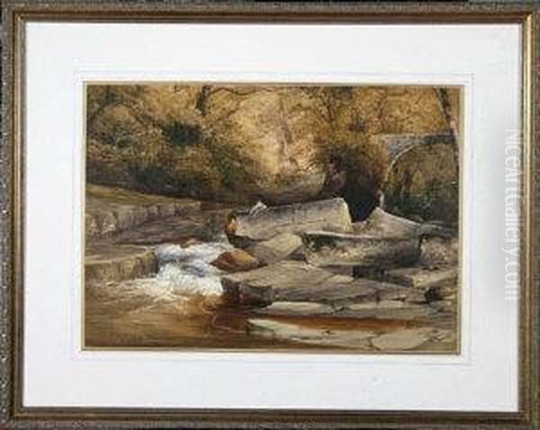 A Rocky River Scene With An Angler By A Waterfall Oil Painting by John Mallows Youngman