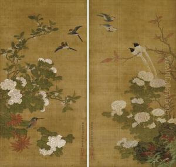 Birds And Blossoms Oil Painting by Sun Yu