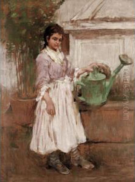 The Green Watering Can Oil Painting by William James Yule