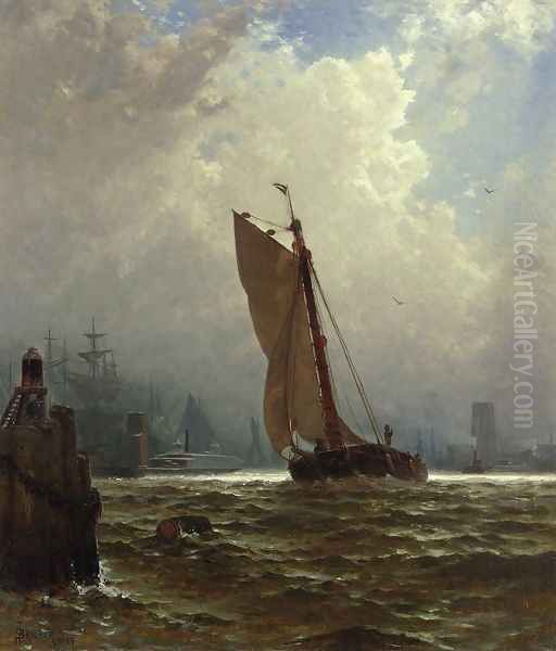 New York Harbor with the Brooklyn Bridge Under Construction Oil Painting by Alfred Thompson Bricher