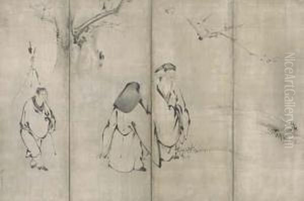 Chinese Poets And An Attendant Beneath Plum Tree Oil Painting by Kaiho Yusho