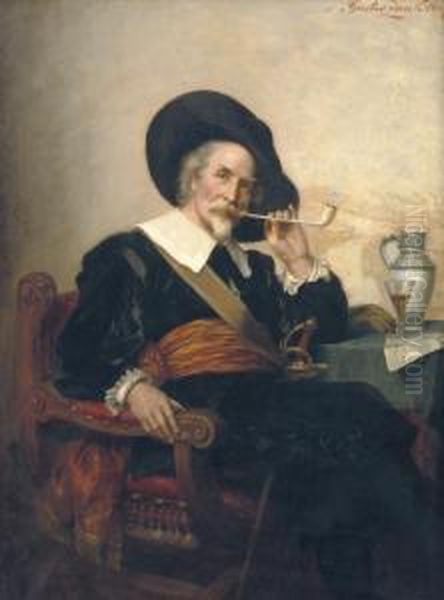 Enjoying A Smoke Oil Painting by Gustav Zaak