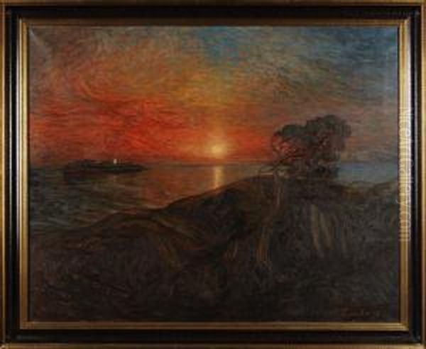 Solnedgangvi Vanern Signerad Oil Painting by Axel Zachrison