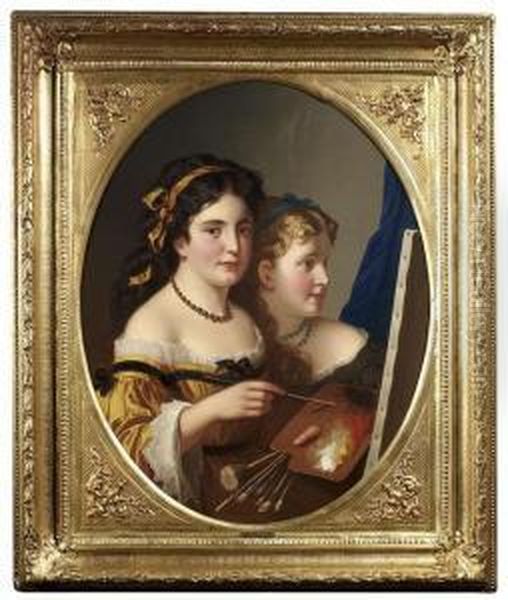 Zadorecki, M. Johann . Two Girls With Palette And Brushes At An Easel Oil Painting by Marcel Johann Zadorecki