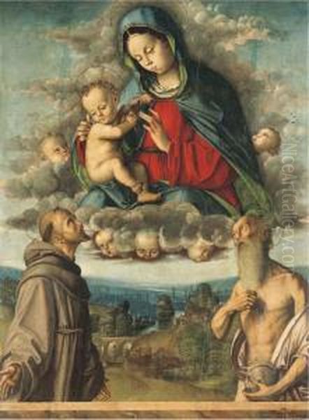 The Madonna And Child Appearing To Saints Francis Of Assisi Andjerome Oil Painting by Francesco Zaganelli