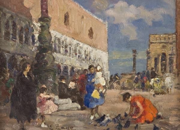 Piazza San Marco Con Donne E Piccioni Oil Painting by Erma Zago