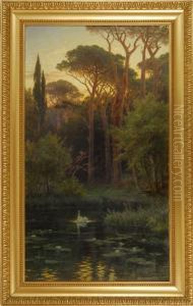 Landscape With A Swan And A Lily Pond Oil Painting by Johann Zahnd