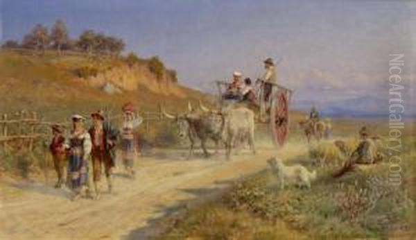 Romische Landleute Und Ochsenfuhrwerk In Der Campagna Oil Painting by Johann Zahnd