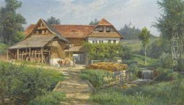 Bauernhaus Bei Schwarzenburg Oil Painting by Johann Zahnd