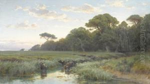 Wasserbuffel In Der Romischen Campagna Oil Painting by Johann Zahnd