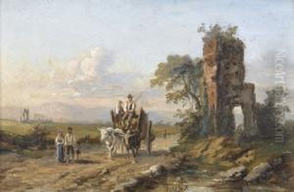 Ochsengespann In Der Romischen Campagna Mit Figurenstaffage Oil Painting by Johann Zahnd