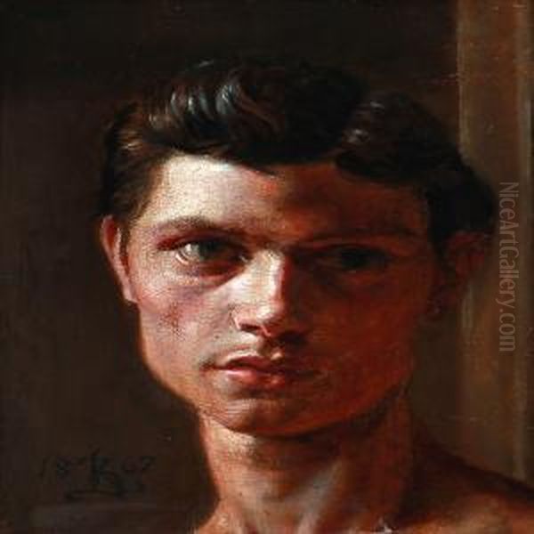 Studiehovede En Face Af En Morkhaaret Mandlig Model Oil Painting by Kristian Zahrtmann